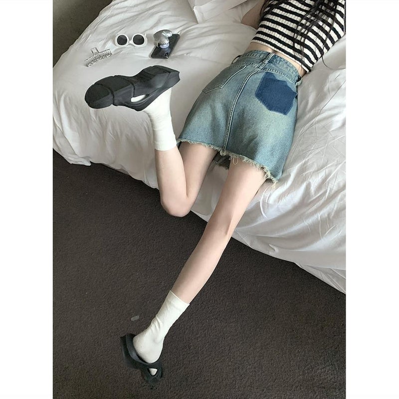 Contrast Color Denim Skirt Summer Retro High Waist Slim A-Line Raw Edge Short Skirt Trendy - Image 2