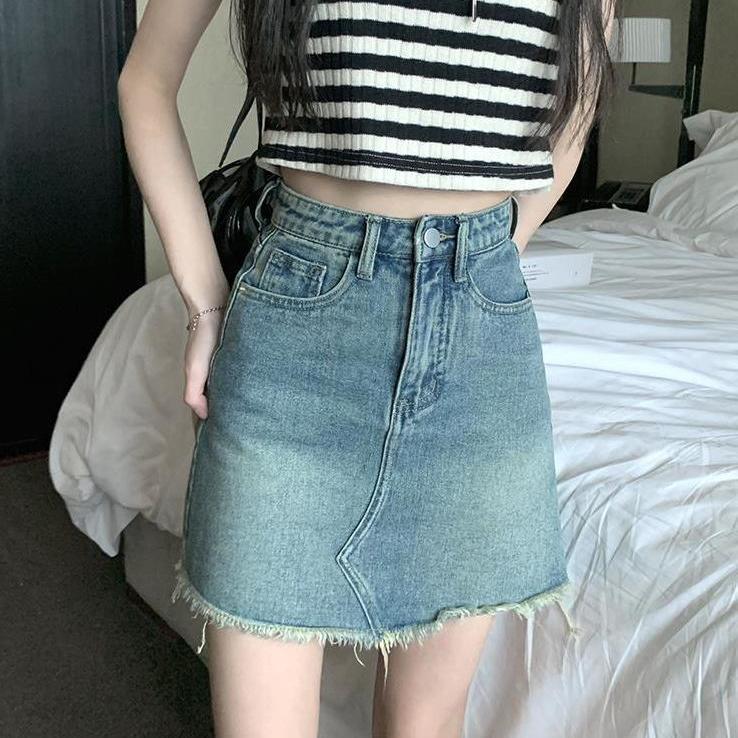 Contrast Color Denim Skirt Summer Retro High Waist Slim A-Line Raw Edge Short Skirt Trendy - Image 1
