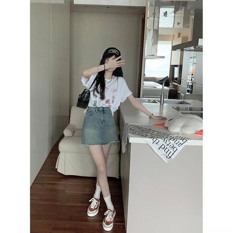 Contrast Color Denim Skirt Summer Retro High Waist Slim A-Line Raw Edge Short Skirt Trendy - Image 5