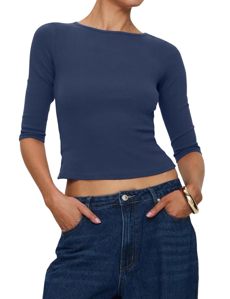 Dsewpaur Half Sleeve Top Shirts for Women Crewneck Ribbed Knit Crop Tees Blouse Fitted 3/4 Sleeve T Shirt Y2k Top Navy - Image 1