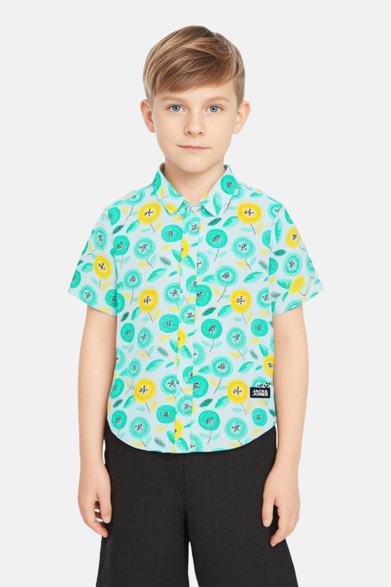 JACK & JONES Kids Boy Spread Collar Short Sleeve Allover Print Casual Shirt, Multicolor - Image 1
