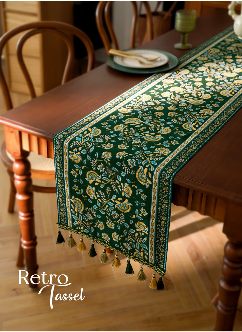 Generic American Retro Tassel Table Runner 71Inches Green Branch, Rustic Farmhouse Fall for Kitchen Dining Table Decoration,Home Decor, Coffee Table Decor,Home Party Decor, Wedding Decor,Chenille Fabric, Good Drape, Thick, Soft, Wear-Resistant ,Durable, Machine Washable,No wrinkles,No Shrinkage.  (35*180cm/14*71"Tassel included)  - Image 1