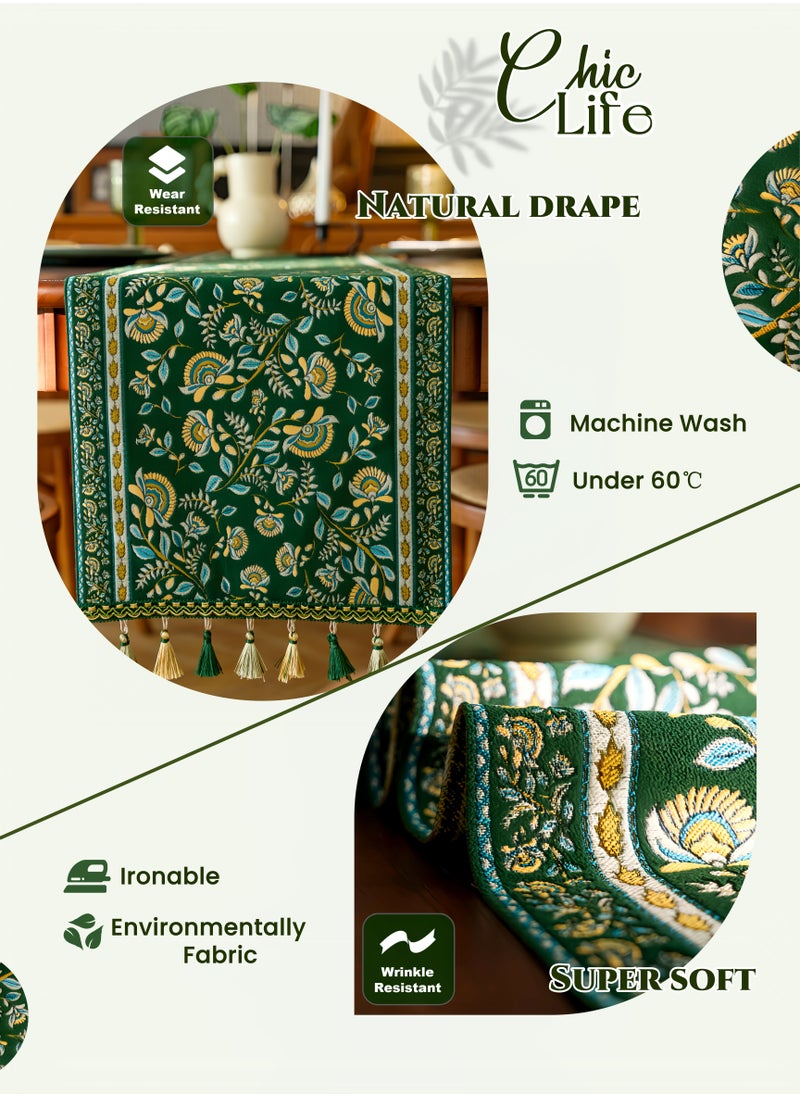 Generic American Retro Tassel Table Runner 71Inches Green Branch, Rustic Farmhouse Fall for Kitchen Dining Table Decoration,Home Decor, Coffee Table Decor,Home Party Decor, Wedding Decor,Chenille Fabric, Good Drape, Thick, Soft, Wear-Resistant ,Durable, Machine Washable,No wrinkles,No Shrinkage.  (35*180cm/14*71"Tassel included)  - Image 4