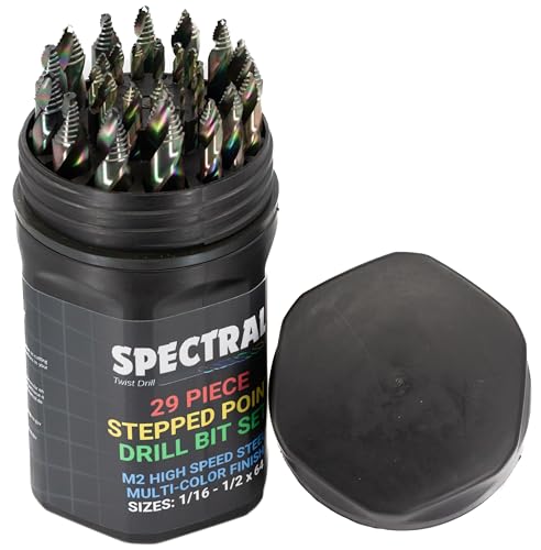 SPECTRAL Twist Drill Spectral 29 Piece Stepped Point HSS Drill Bit Set 116 12 Round Case 135 Step Point Split Point Tip M2 Steel 3Flat Shank MultiColor Finish - Image 1
