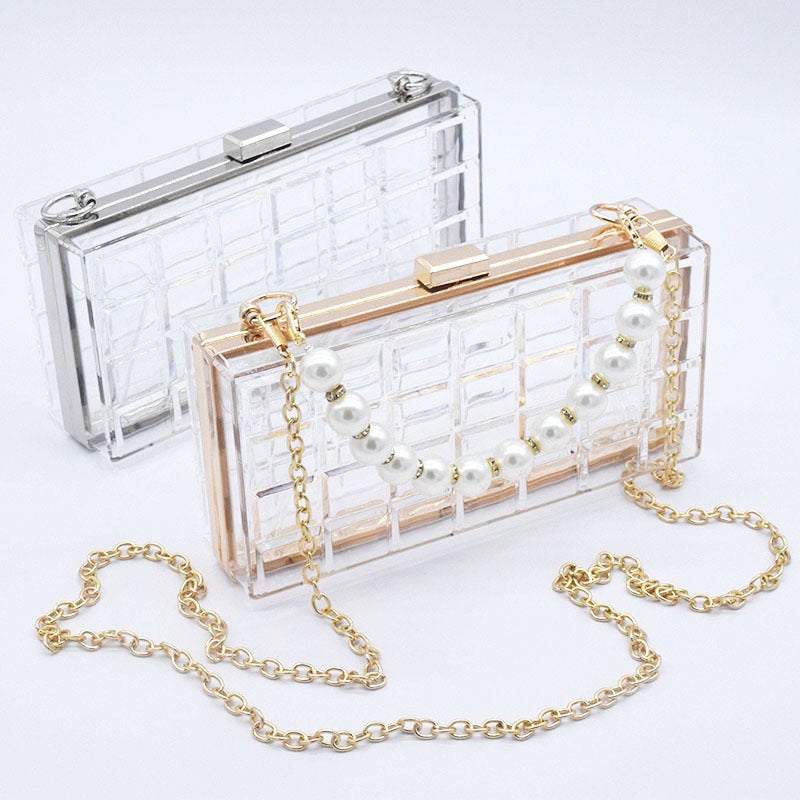 Transparent Acrylic Box Clutch Handbag for Evening and Formal Events with Pearl Chain Strap in Black