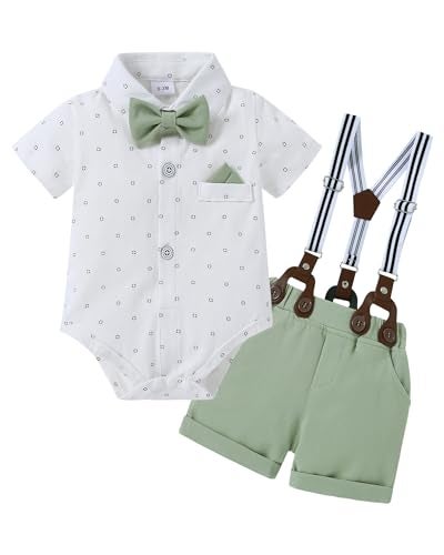 nilikastta Boy Gentleman Outfit Dress Baby Boy Birthday Outfit ShirtBowtieSuspender Pants Set White Green for Baby Showers 1218 Months - Image 1
