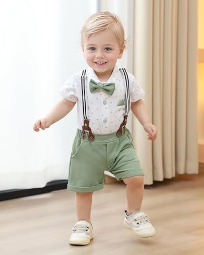 nilikastta Boy Gentleman Outfit Dress Baby Boy Birthday Outfit ShirtBowtieSuspender Pants Set White Green for Baby Showers 1218 Months - Image 3