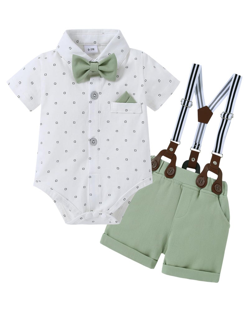 nilikastta Boy Gentleman Outfit Dress Baby Boy Birthday Outfit ShirtBowtieSuspender Pants Set White Green for Baby Showers 1218 Months - Image 2