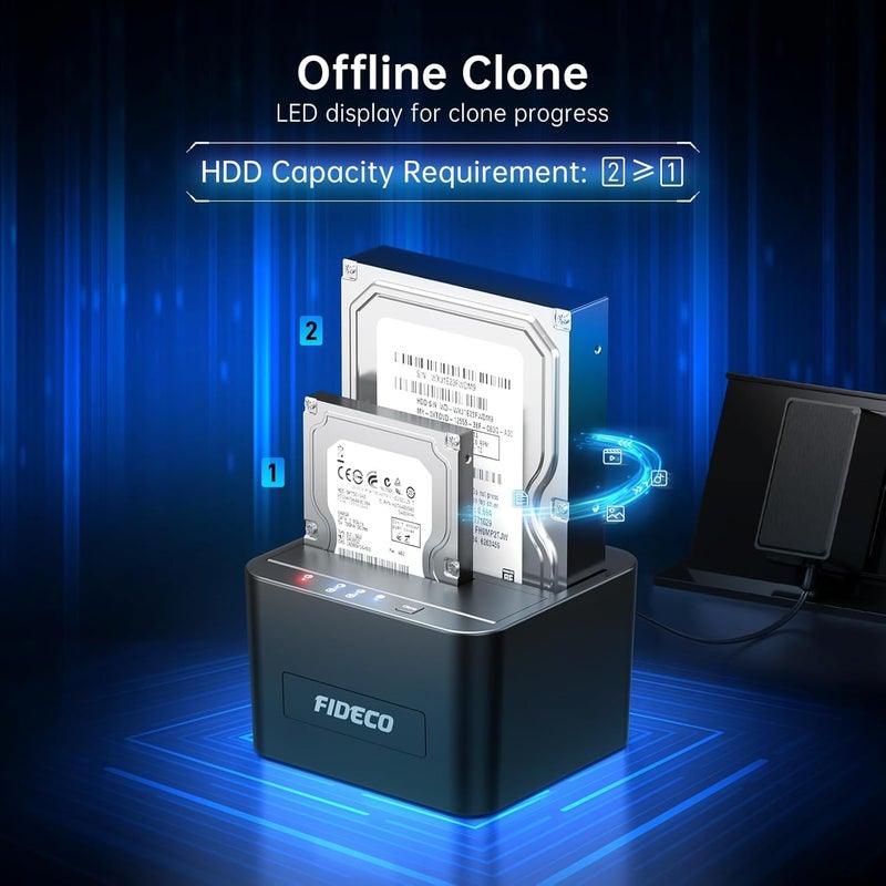 FIDECO Hard Drive Docking Station, USB 3.0 SATA HDD Docking Station for 2.5 & 3.5 inch SATA HDD/SSD, Dual Bay, Support Offline Clone and 2X 16TB Hard Drives - Image 3