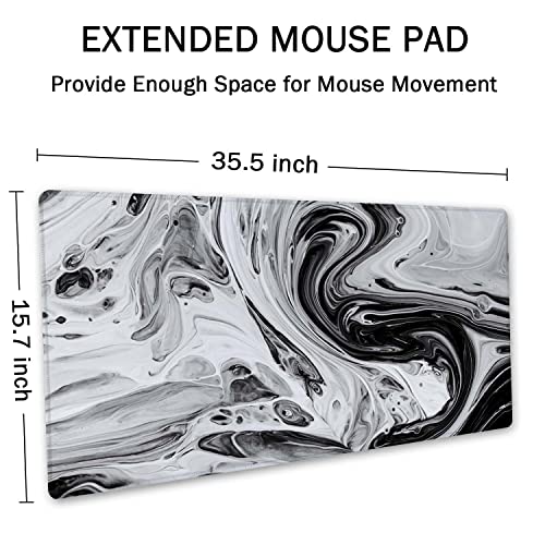 SSOIU Extended Gaming Mouse Pad XXL ArtSo Large Keyboard Mat Long Mousepad Desk Decor Writing Pad Non Slip Rubber Base Stitched Edges for Work, Game, Office, Home, 35.5" x 15.7", Black White Marble - Image 3