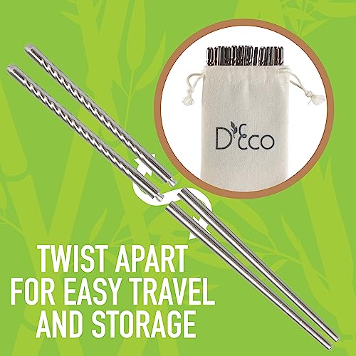 DECO D'Eco Reusable Metal Chopsticks (4 Pairs) - Includes 4 Sets of Stainless Steel Twist Apart Silver Chopsticks & Travel Pouch - Lightweight, Durable, Dishwasher Safe - Great for Chinese Japanese Cuisine - Image 2