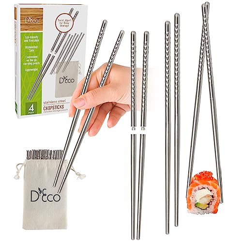 DECO D'Eco Reusable Metal Chopsticks (4 Pairs) - Includes 4 Sets of Stainless Steel Twist Apart Silver Chopsticks & Travel Pouch - Lightweight, Durable, Dishwasher Safe - Great for Chinese Japanese Cuisine - Image 1