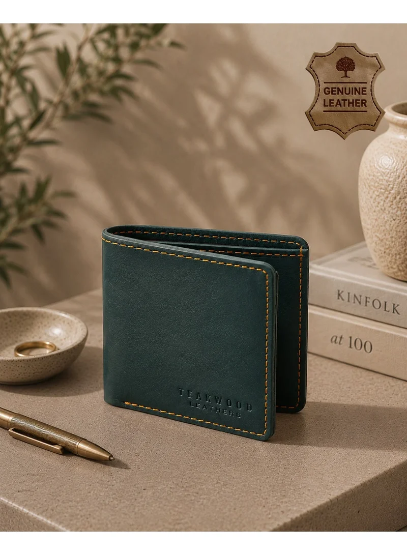 TEAKWOOD Teakwood Leather Genuine Leather Bi-Fold Wallet for Men | Green RFID Blocking Wallet | 1 Main Compartment | 8 Card Slots | Zip Coin Pocket | Slim Lightweight Premium Wallet