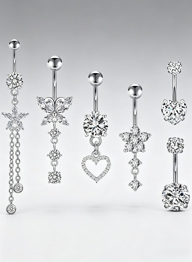 Bukela 6Pcs Silver Navel Rings for Women, Sparkling Crystal Zircon Belly Button Rings Set, Hypoallergenic Stainless Steel Piercing Jewelry for Daily Wear & Party - Image 1