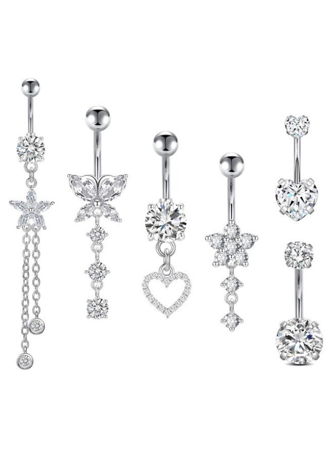 Bukela 6Pcs Silver Navel Rings for Women, Sparkling Crystal Zircon Belly Button Rings Set, Hypoallergenic Stainless Steel Piercing Jewelry for Daily Wear & Party - Image 2