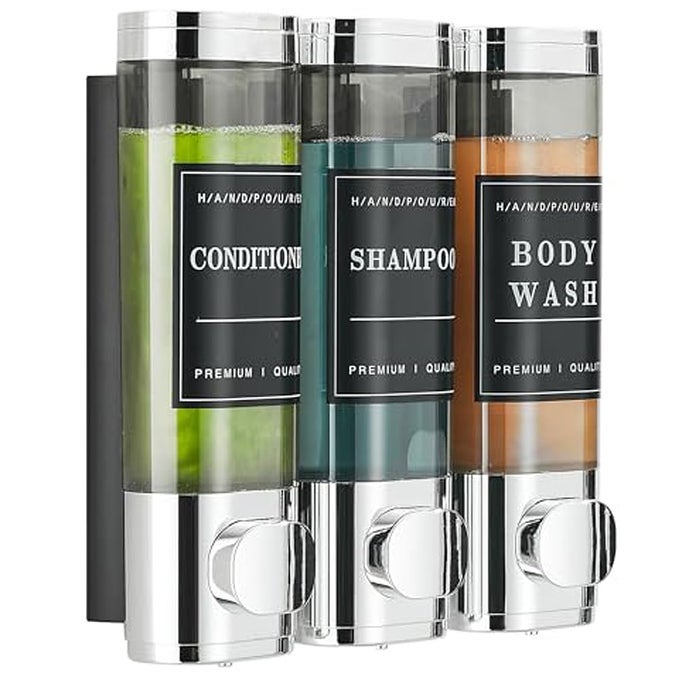SHOWER SOAP DISPENSER WALL MOUNTED NO DRILL SHAMPOO DISPENSER FOR SHOWER WALL SHAMPOO AND CONDITIONER DISPENSER BATHROOM HOTEL 3 300ML CHROME WITH LABELS