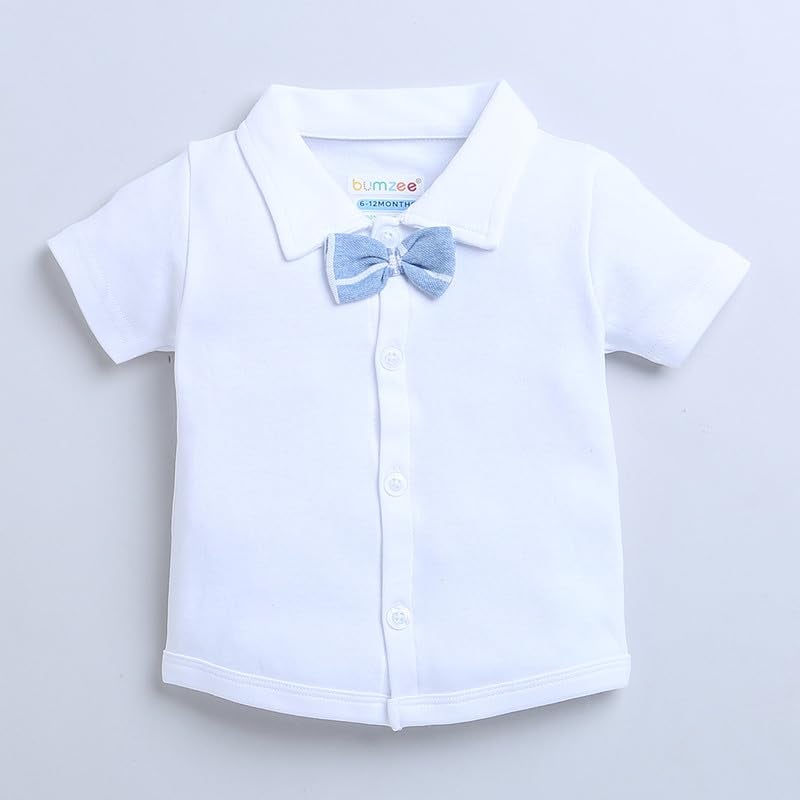 BUMZEE Sky Blue & White Boys Half Sleeves Shirt & Short Set With Bow Suspender & Cap Age - 18-24 Months - Cotton - Image 2