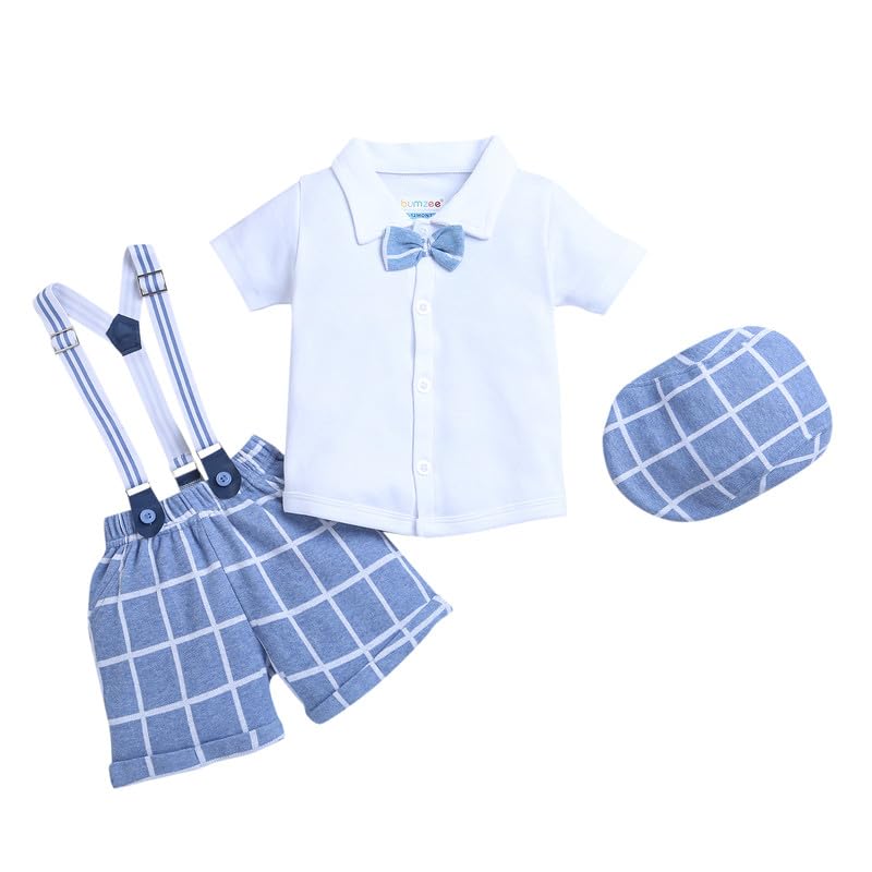 BUMZEE Sky Blue & White Boys Half Sleeves Shirt & Short Set With Bow Suspender & Cap Age - 18-24 Months - Cotton - Image 1