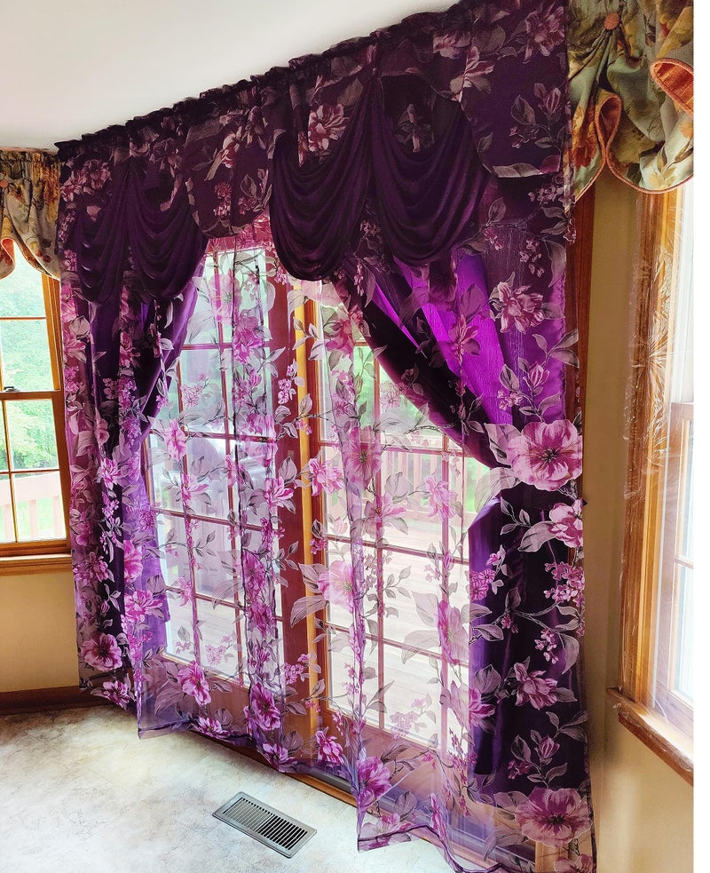 GOHD Golden Ocean Home Decor GOHD Roman Romance BurntOut Printed Organza Window Curtain Panel Drape with Attached Fancy Valance and Taffeta Backing Purple 55 x 84 inches  Attached Valance x 2pcs