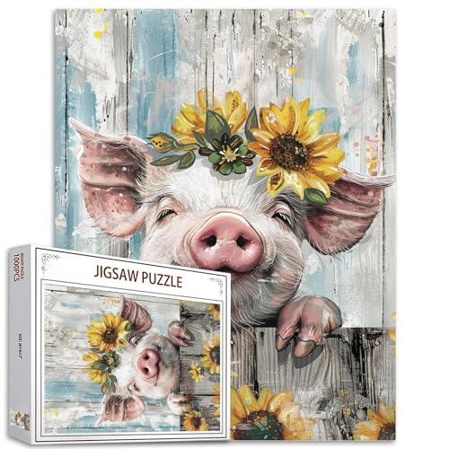 Aihonmin Pig Jigsaw Puzzle Sunflowers 1000 Piece Jigsaw Puzzles for AdultsVintage Style Farm Animal Puzzles Game Perfect for Game NightsDIY Home Wall DecorArt Puzzles 27 x 20 Inches - Image 1
