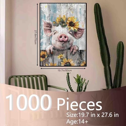 Aihonmin Pig Jigsaw Puzzle Sunflowers 1000 Piece Jigsaw Puzzles for AdultsVintage Style Farm Animal Puzzles Game Perfect for Game NightsDIY Home Wall DecorArt Puzzles 27 x 20 Inches - Image 5