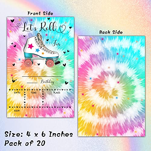 Foosproea Skating Birthday Invitations with Envelopes - Roller Skate Party Invitation Card for Kids - Tye Dye Fill-in Invites Cards - Let's Roll Party Celebration(20 Pack) -08 - Image 2