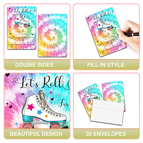 Foosproea Skating Birthday Invitations with Envelopes - Roller Skate Party Invitation Card for Kids - Tye Dye Fill-in Invites Cards - Let's Roll Party Celebration(20 Pack) -08 - Image 3
