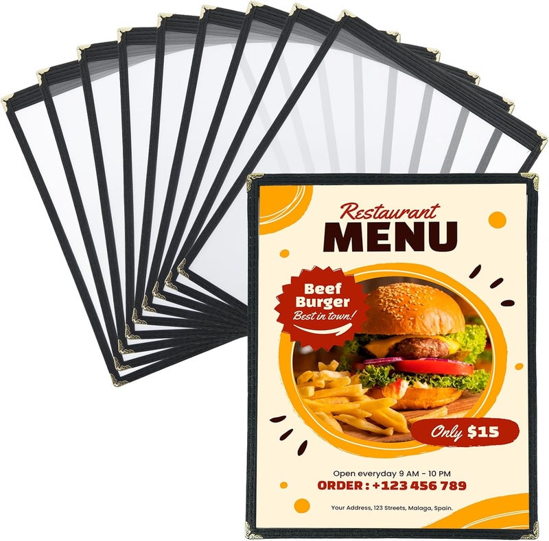 FLK Tech 8.5 x 11 Inch Menu Covers, 10 Pack 1 Page 2 View Menu Holder, Restaurant Menu Cover Fits 8 1/2" x 11" Paper, Double Stitched Restaurant Menu Sleeves, Wine Menu - Image 1