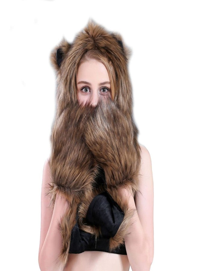 PENINSULA LOVE Faux Fur Animal Hat Plush Warm 3-in-1 Hat Scarf Gloves Set Winter Hood Cap for Halloween Xmas Cosplay Party - Image 5