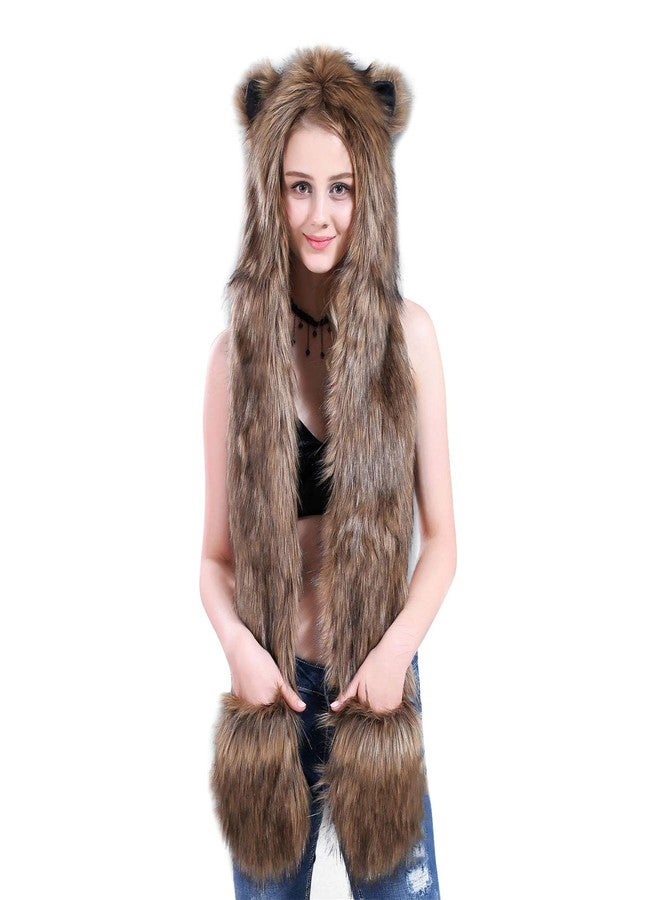 PENINSULA LOVE Faux Fur Animal Hat Plush Warm 3-in-1 Hat Scarf Gloves Set Winter Hood Cap for Halloween Xmas Cosplay Party - Image 1