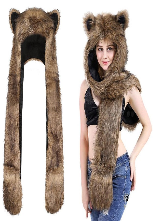 PENINSULA LOVE Faux Fur Animal Hat Plush Warm 3-in-1 Hat Scarf Gloves Set Winter Hood Cap for Halloween Xmas Cosplay Party - Image 2