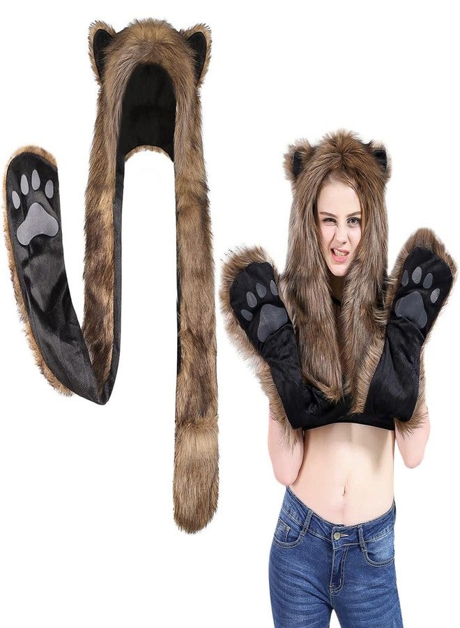 PENINSULA LOVE Faux Fur Animal Hat Plush Warm 3-in-1 Hat Scarf Gloves Set Winter Hood Cap for Halloween Xmas Cosplay Party - Image 3