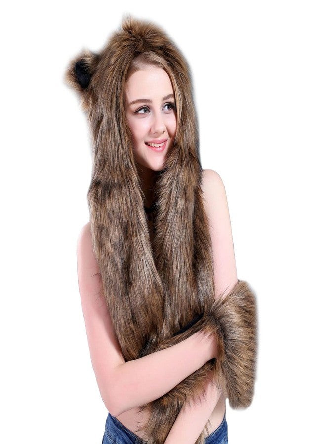 PENINSULA LOVE Faux Fur Animal Hat Plush Warm 3-in-1 Hat Scarf Gloves Set Winter Hood Cap for Halloween Xmas Cosplay Party - Image 4