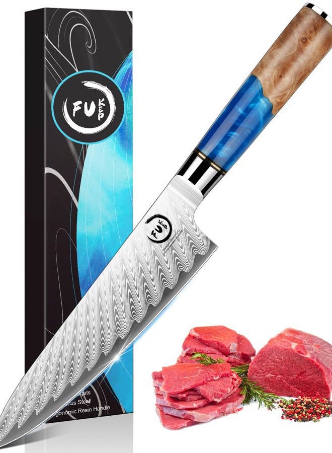 Fukep Chef Knife 8 inch, Damascus Chef Knife VG10 Core Steel with 66-Layers High Carbon Professional Sharp Chefs Knife 8" Blade Ergonomic Beautiful Blue Resin Handle Gift Boxed - Image 1