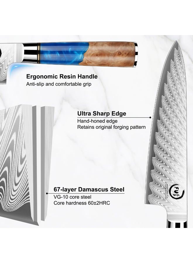 Fukep Chef Knife 8 inch, Damascus Chef Knife VG10 Core Steel with 66-Layers High Carbon Professional Sharp Chefs Knife 8" Blade Ergonomic Beautiful Blue Resin Handle Gift Boxed - Image 3