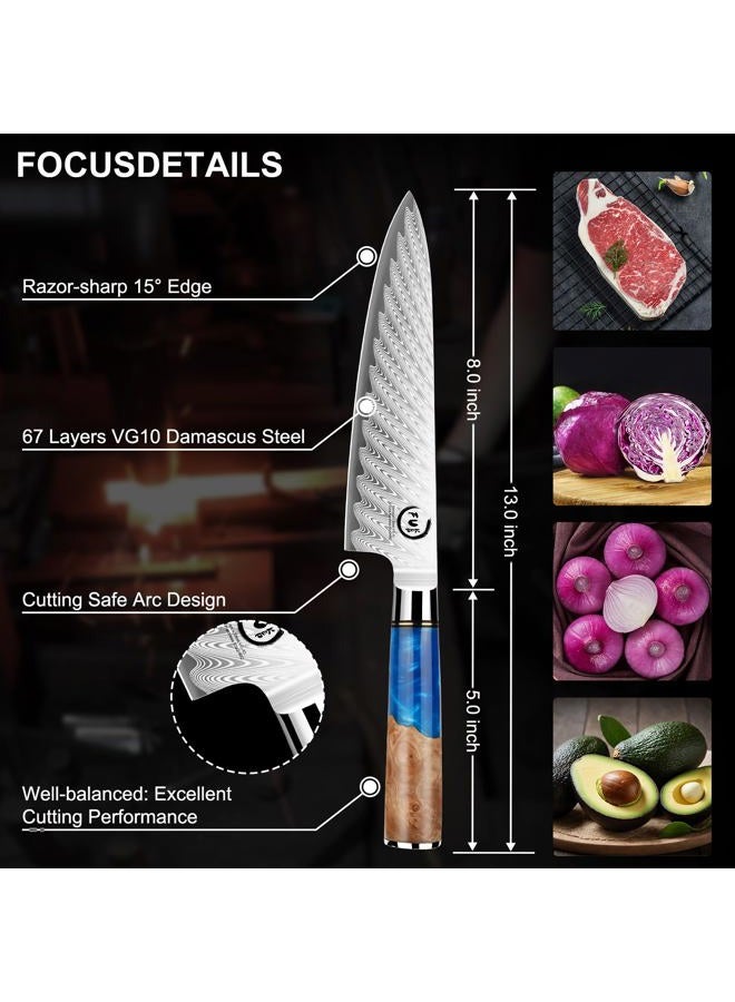 Fukep Chef Knife 8 inch, Damascus Chef Knife VG10 Core Steel with 66-Layers High Carbon Professional Sharp Chefs Knife 8" Blade Ergonomic Beautiful Blue Resin Handle Gift Boxed - Image 4