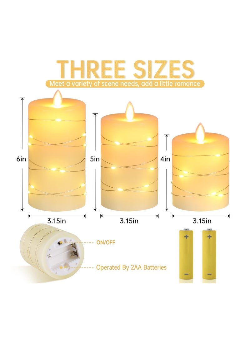 KASTWAVE 3 Pcs Flameless Battery Operated Flickering Candle, with Embedded String Lights LED Electric Candle with 10-Key Remote Control, Dancing Flame, Real Wax(Batteries not Included) - Image 2