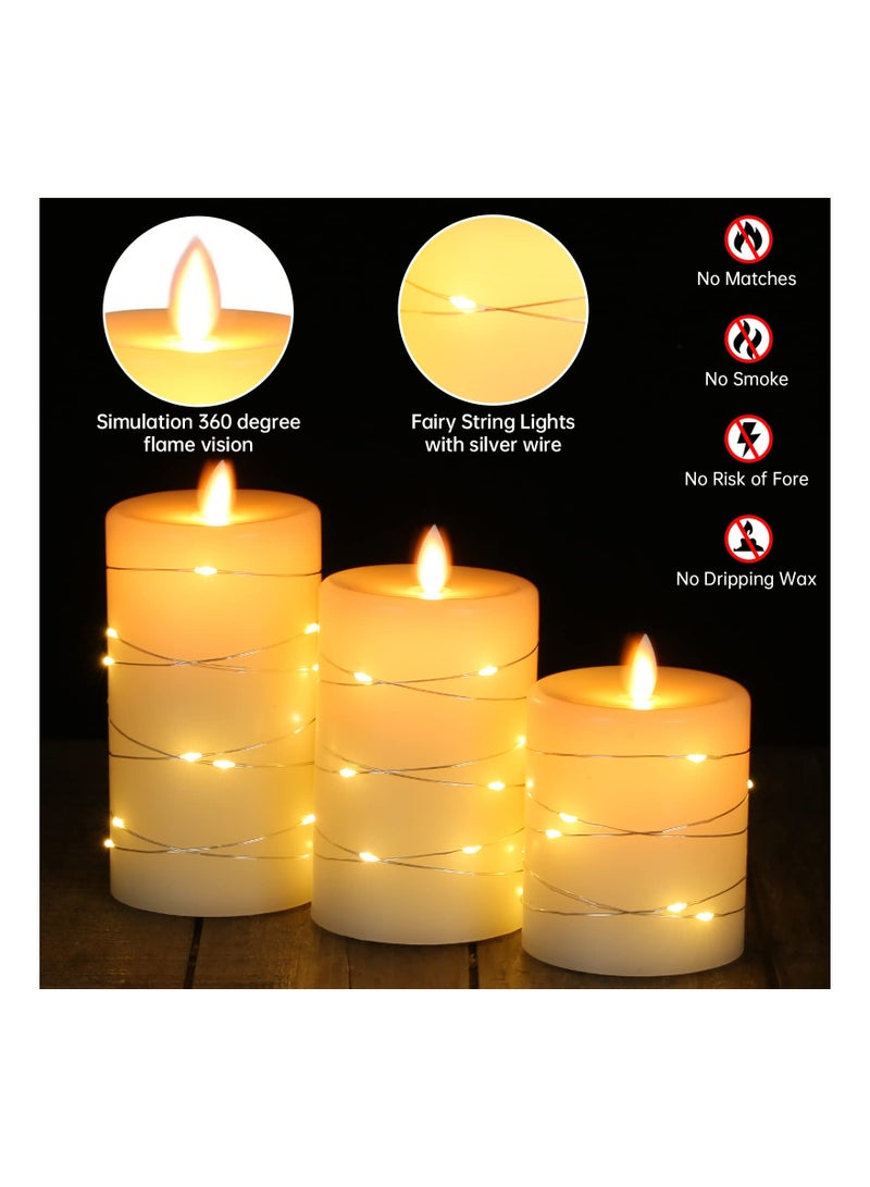 KASTWAVE 3 Pcs Flameless Battery Operated Flickering Candle, with Embedded String Lights LED Electric Candle with 10-Key Remote Control, Dancing Flame, Real Wax(Batteries not Included) - Image 3