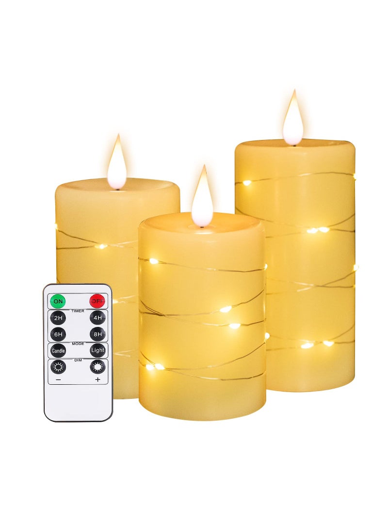 KASTWAVE 3 Pcs Flameless Battery Operated Flickering Candle, with Embedded String Lights LED Electric Candle with 10-Key Remote Control, Dancing Flame, Real Wax(Batteries not Included) - Image 1