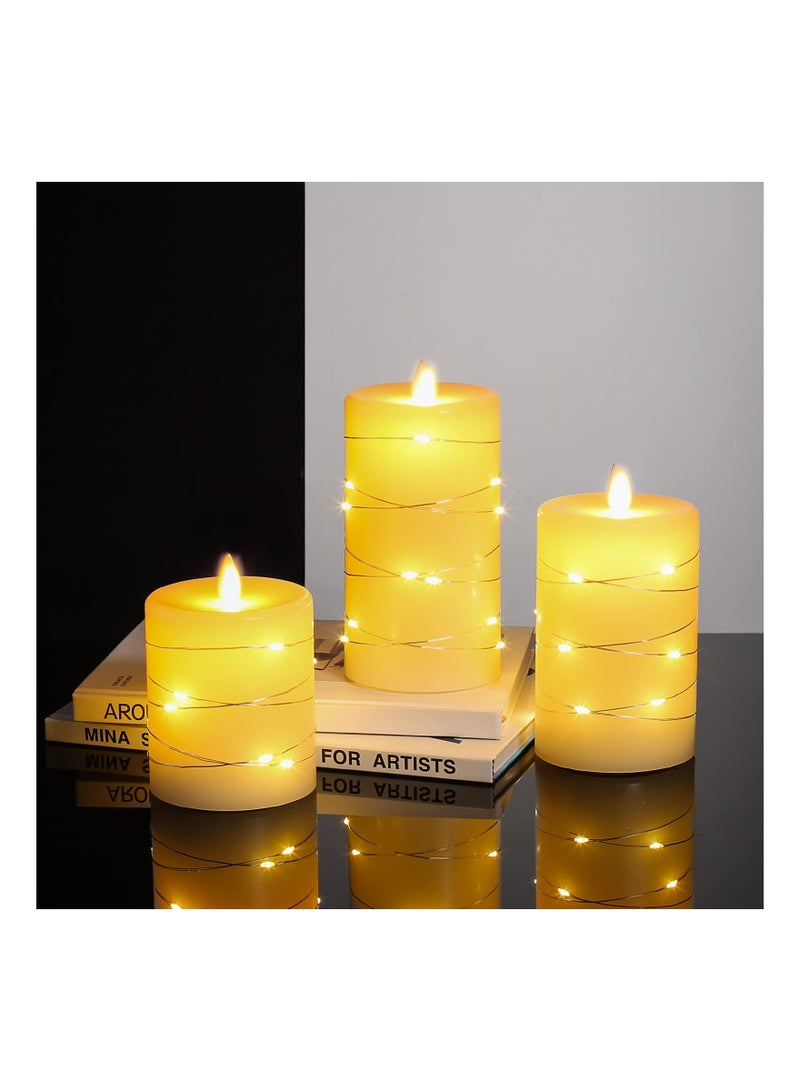KASTWAVE 3 Pcs Flameless Battery Operated Flickering Candle, with Embedded String Lights LED Electric Candle with 10-Key Remote Control, Dancing Flame, Real Wax(Batteries not Included) - Image 4