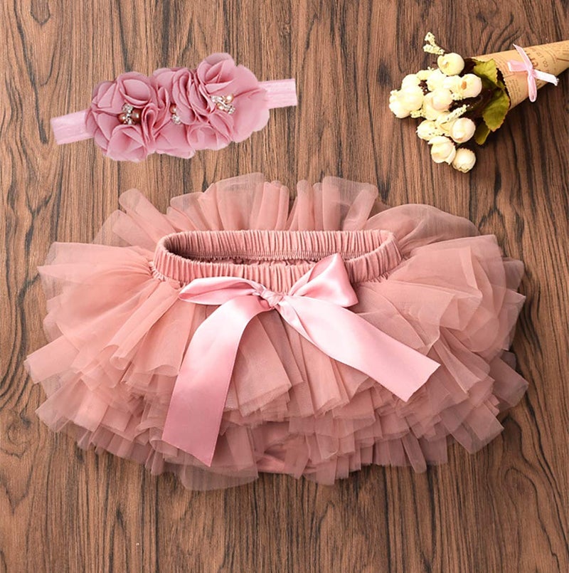 elamccor Baby Girls Tutu Skirt Headband Set Toddler Ruffle Tulle Diaper Covers 6-24 Month Bean Sand - Image 2