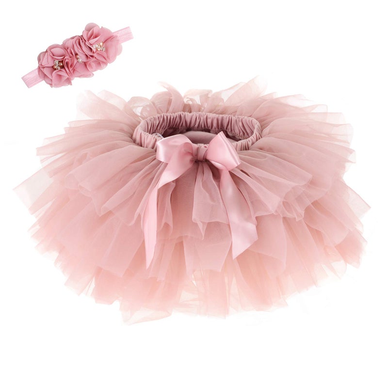 elamccor Baby Girls Tutu Skirt Headband Set Toddler Ruffle Tulle Diaper Covers 6-24 Month Bean Sand - Image 1
