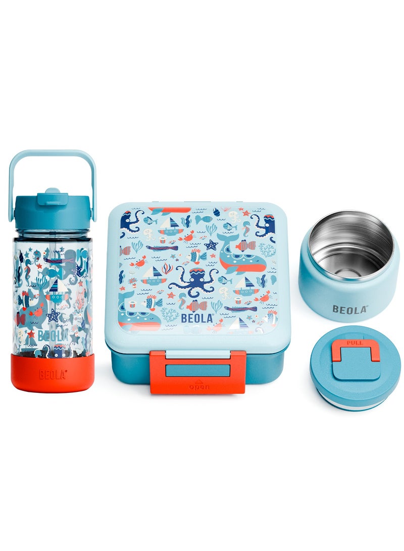 BEOLA SET of 2pcs, Lunch Box Kids School with Bottle, Bento Lunch Box for Kids with 8oz Insulated Thermos Food Jar and 500ml Insulated Water Bottle with Straw Lid and Silicone Boot (Sea Vibes) - Image 1