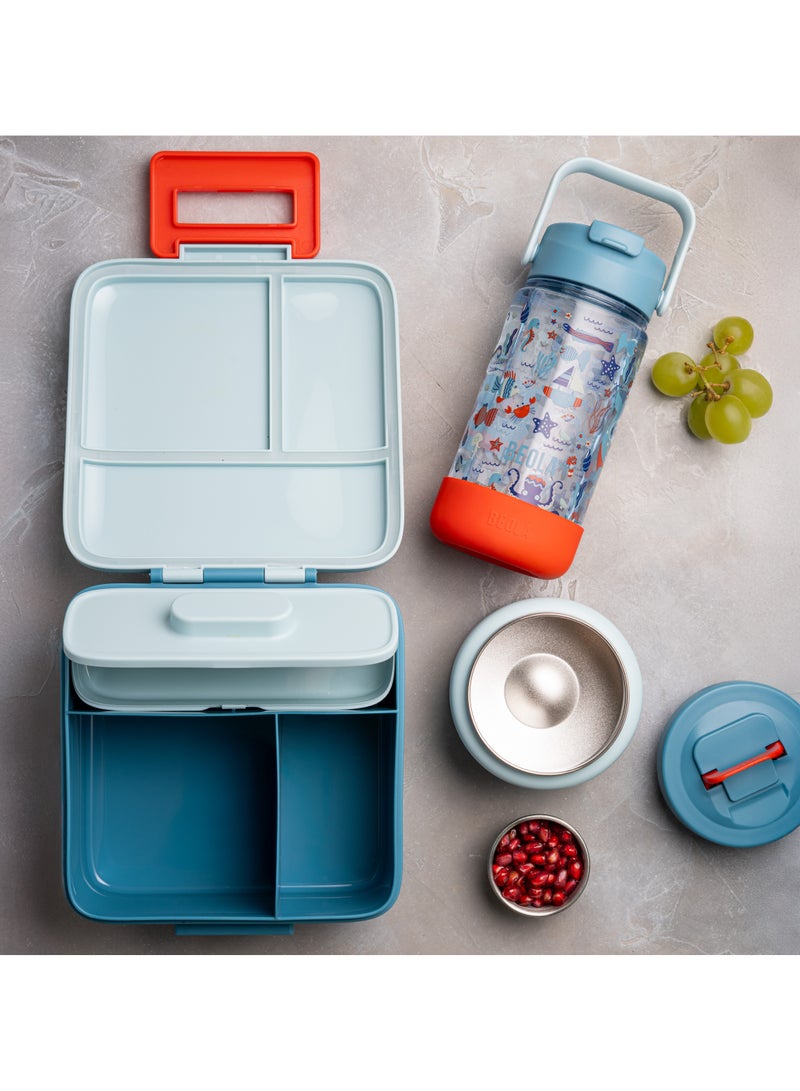 BEOLA SET of 2pcs, Lunch Box Kids School with Bottle, Bento Lunch Box for Kids with 8oz Insulated Thermos Food Jar and 500ml Insulated Water Bottle with Straw Lid and Silicone Boot (Sea Vibes) - Image 2
