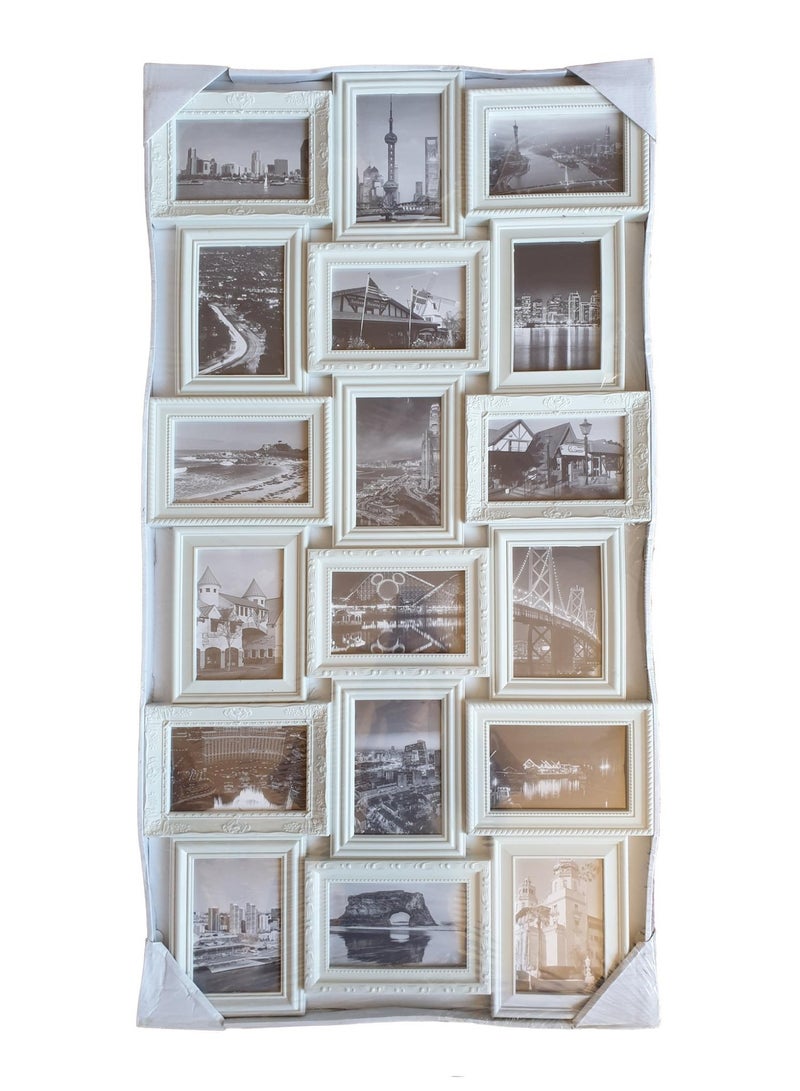 Family photo frame, 18 photos, 3D, white, made of plastic and glass, in an overlapping photo design. Can be hung horizontally or vertically. Dimensions: 103 x 54 cm - Image 3