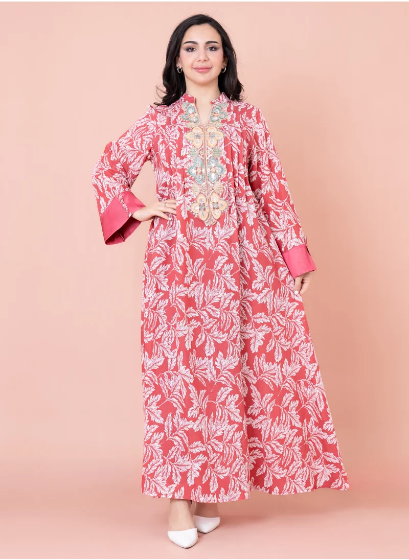 IKKXA Embroidered Leaf Print Jalabiya IN1031 Red