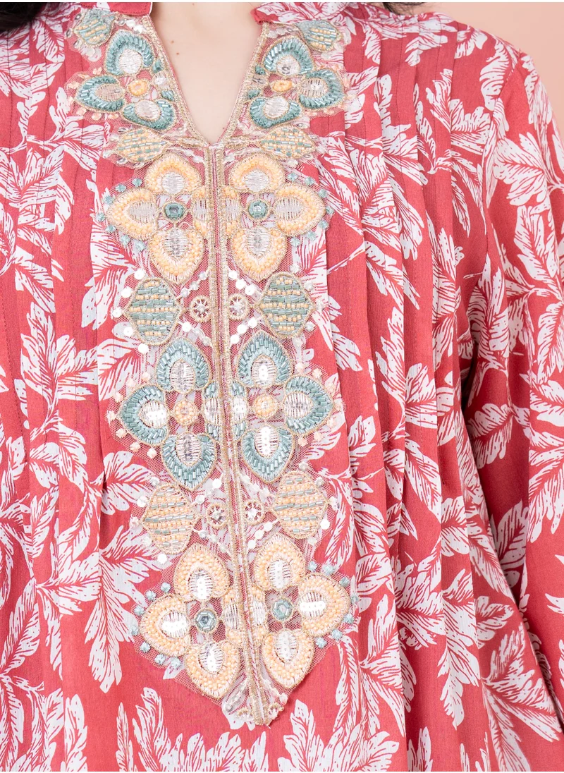 IKKXA Embroidered Leaf Print Jalabiya IN1031 Red