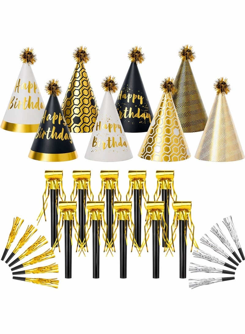 Farahom 30 Pcs Birthday Party Hats with Noise Makers Set, Black & Gold / White & Gold Cone Hats for Kids & Adults, Fun Blowouts & Whistles, Party Decorations Supplies - Image 1