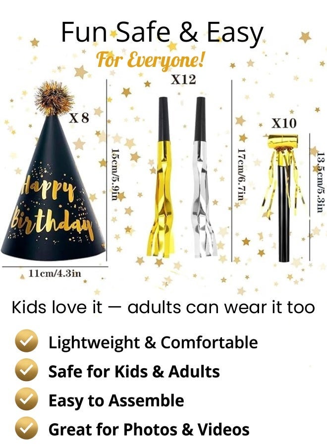 Farahom 30 Pcs Birthday Party Hats with Noise Makers Set, Black & Gold / White & Gold Cone Hats for Kids & Adults, Fun Blowouts & Whistles, Party Decorations Supplies - Image 3