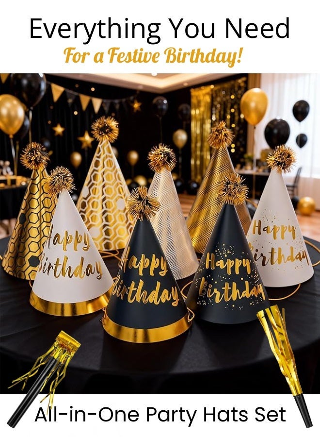 Farahom 30 Pcs Birthday Party Hats with Noise Makers Set, Black & Gold / White & Gold Cone Hats for Kids & Adults, Fun Blowouts & Whistles, Party Decorations Supplies - Image 2